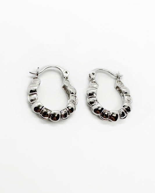 Pair of silver hoop earrings on a white background