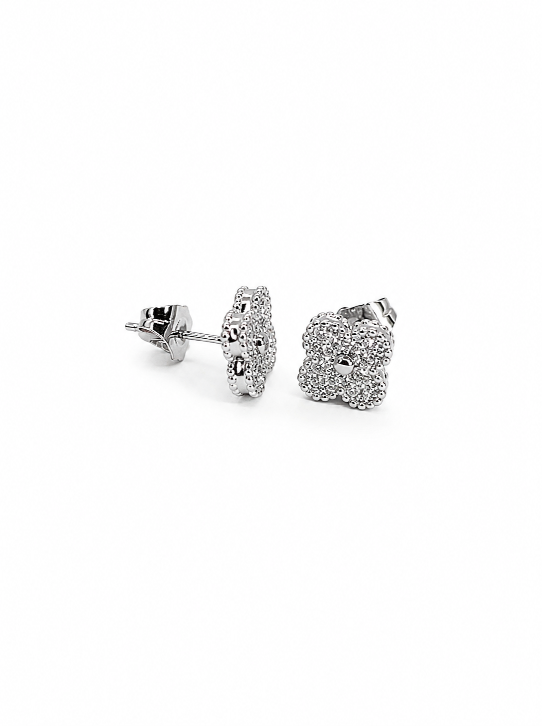 Fleur Pavé Zirconia Stud Earrings – 9mm in 14K White Gold Tone