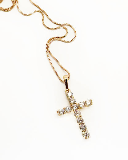 14K gold-dipped cross necklace with premium zirconia stones close-up