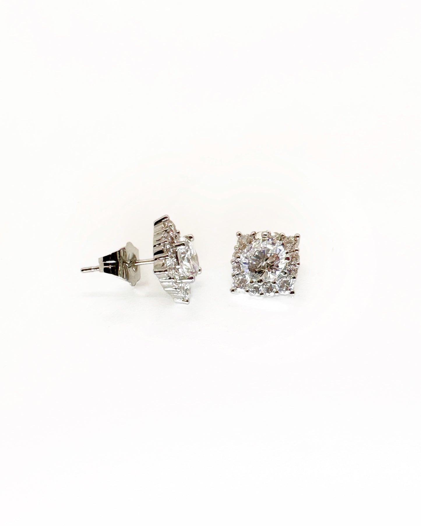Royal Square Pavé Stud Earrings in 14K White Gold Tone