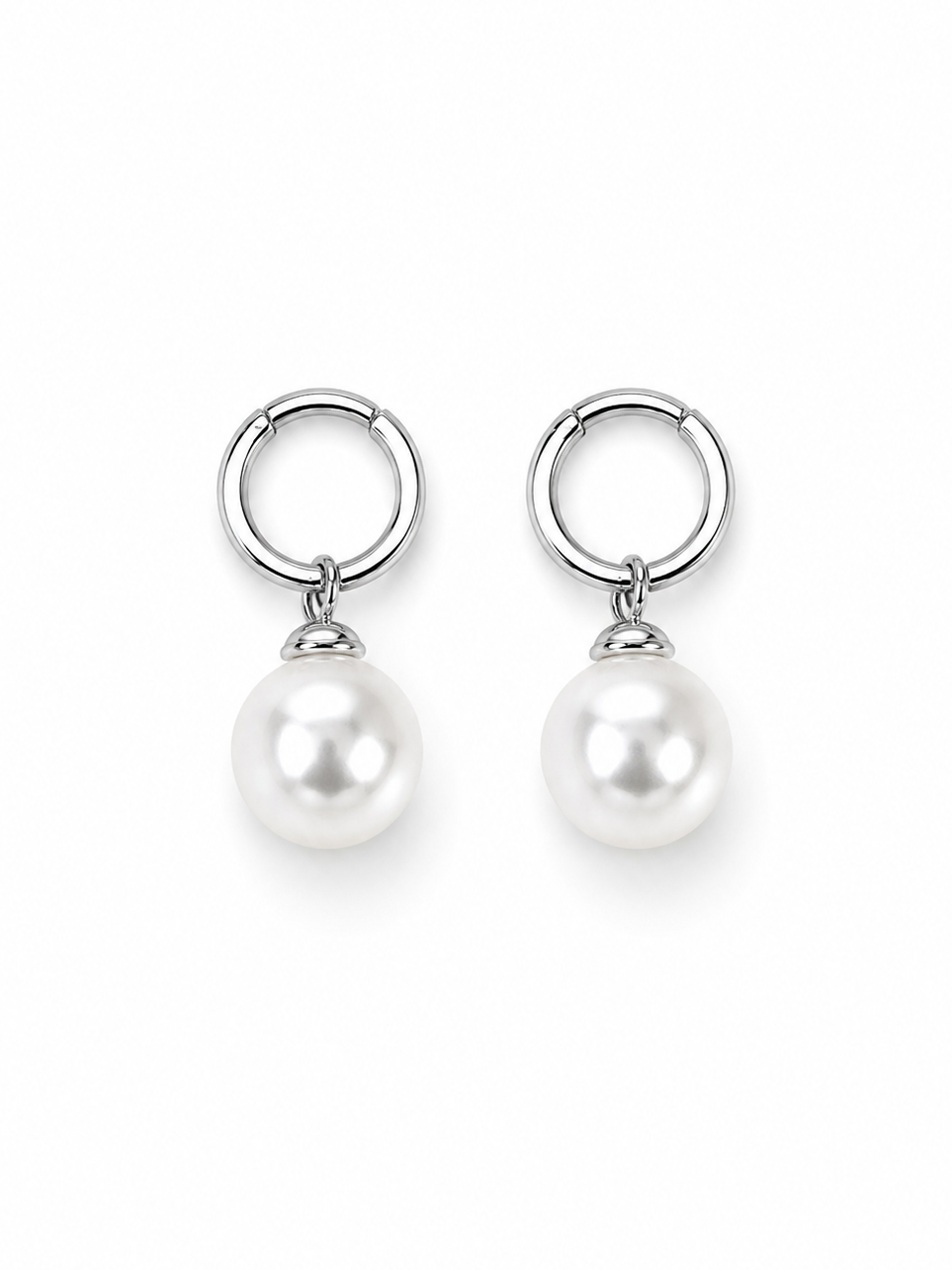 The Perla Sfera Drop Hoops in White Gold Tone
