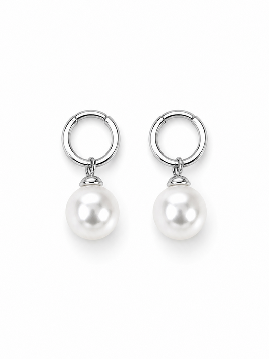 The Perla Sfera Drop Hoops in White Gold Tone