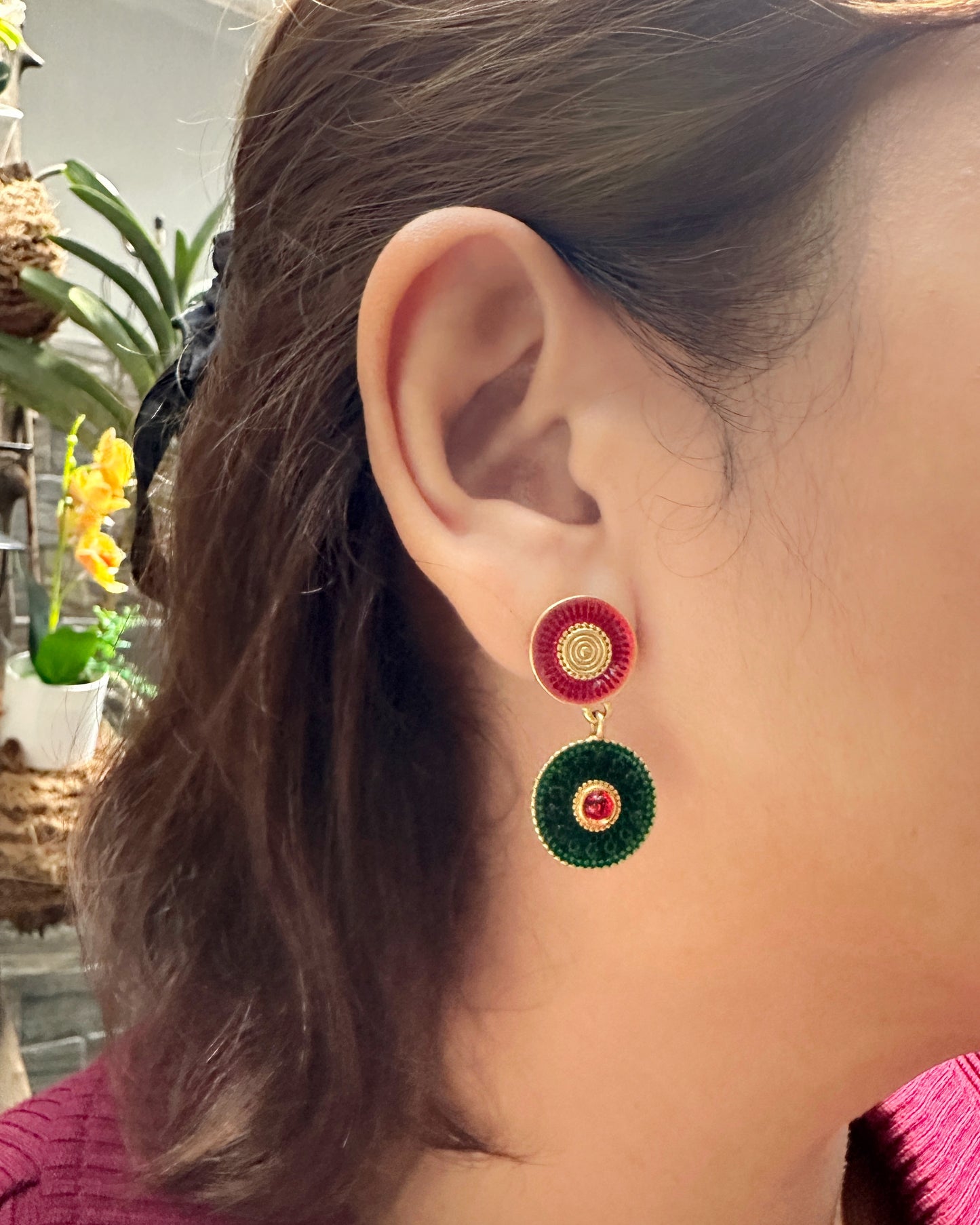 Luxurious Green & Red Vintage Statement Earrings with Gold-Tone Finish