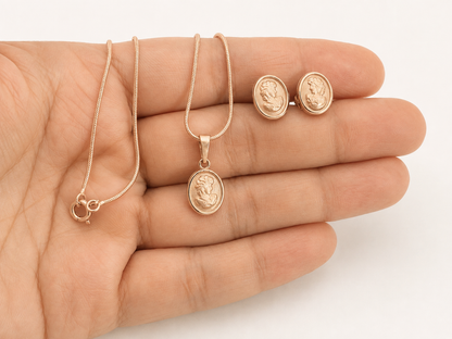Vintage Cameo Pendant Necklace & Stud Earrings Set in Rose Gold Tone