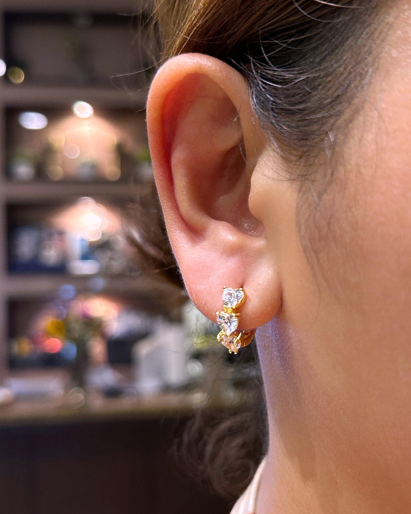 Trinity Heart Zirconia Huggie Earrings – 14K Gold Tone