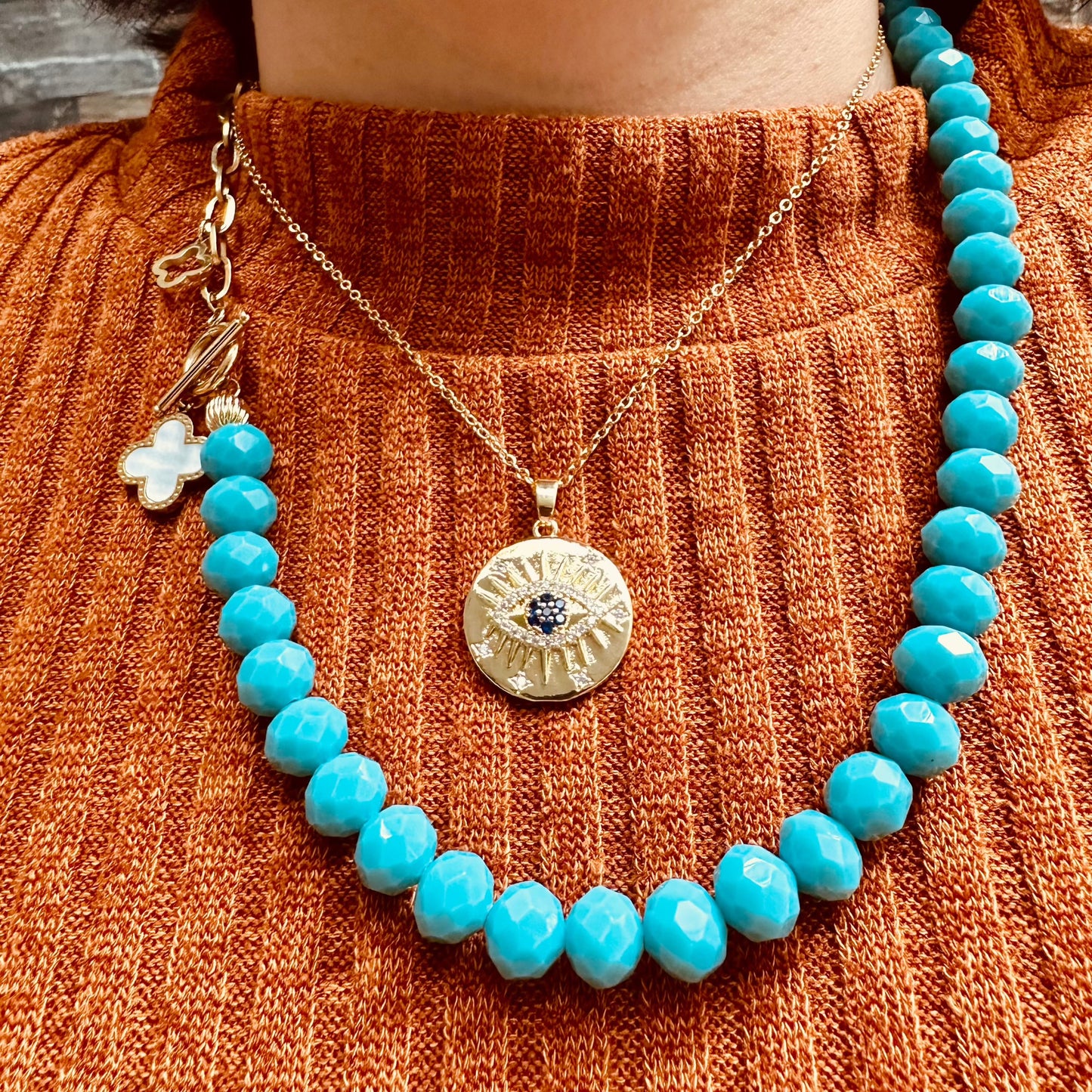 Turquoise & Evil Eye Layered Necklace in Stainless Steel