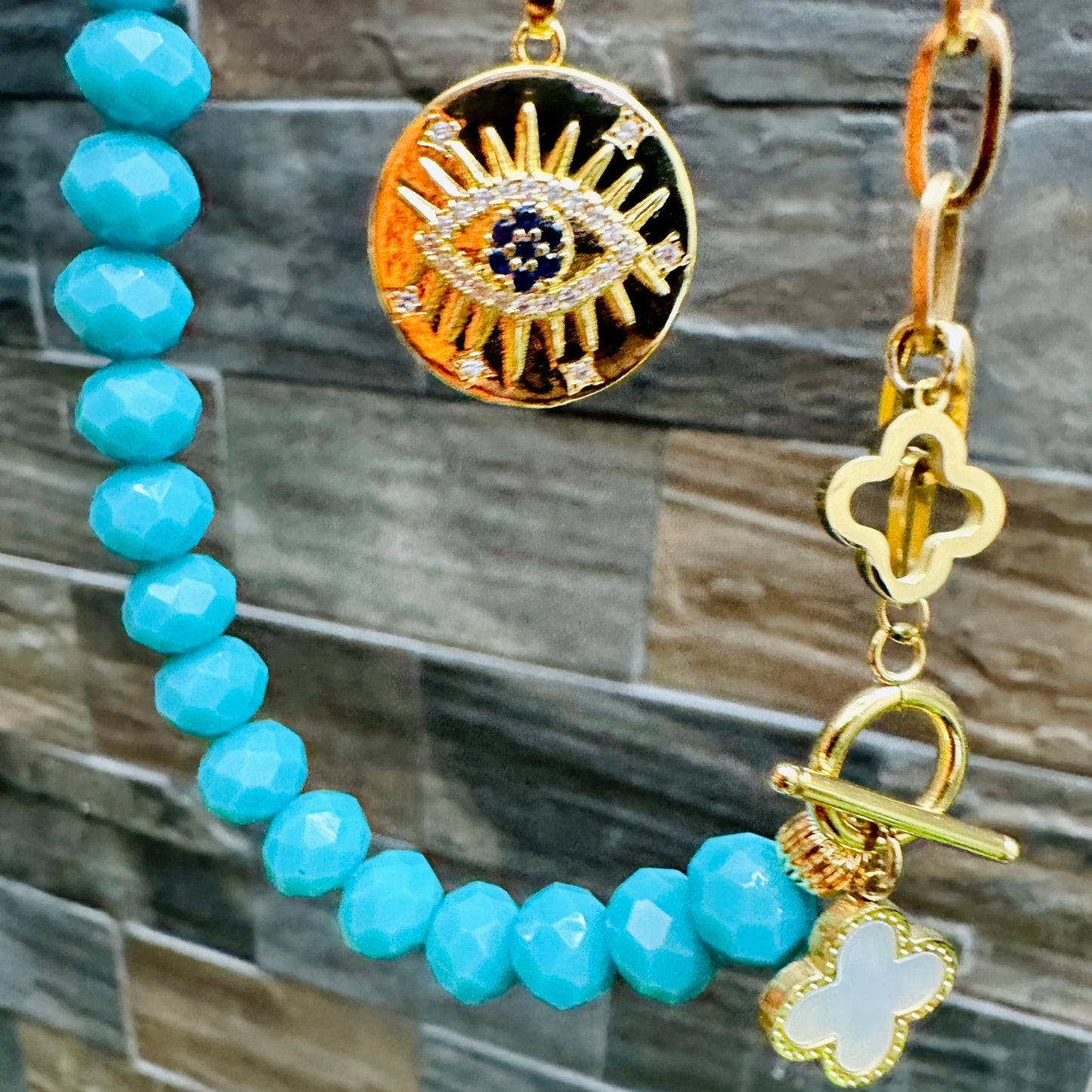 Turquoise & Evil Eye Layered Necklace in Stainless Steel