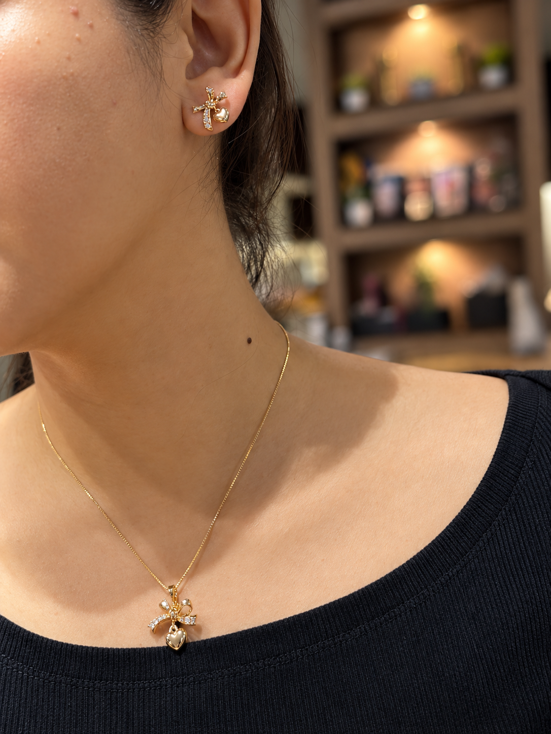 Bow Heart Pendant Necklace & Stud Earrings Set in 14K Gold Tone Finish