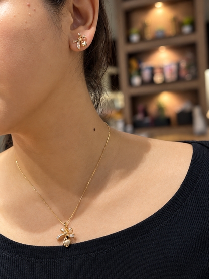 Bow Heart Pendant Necklace & Stud Earrings Set in 14K Gold Tone Finish