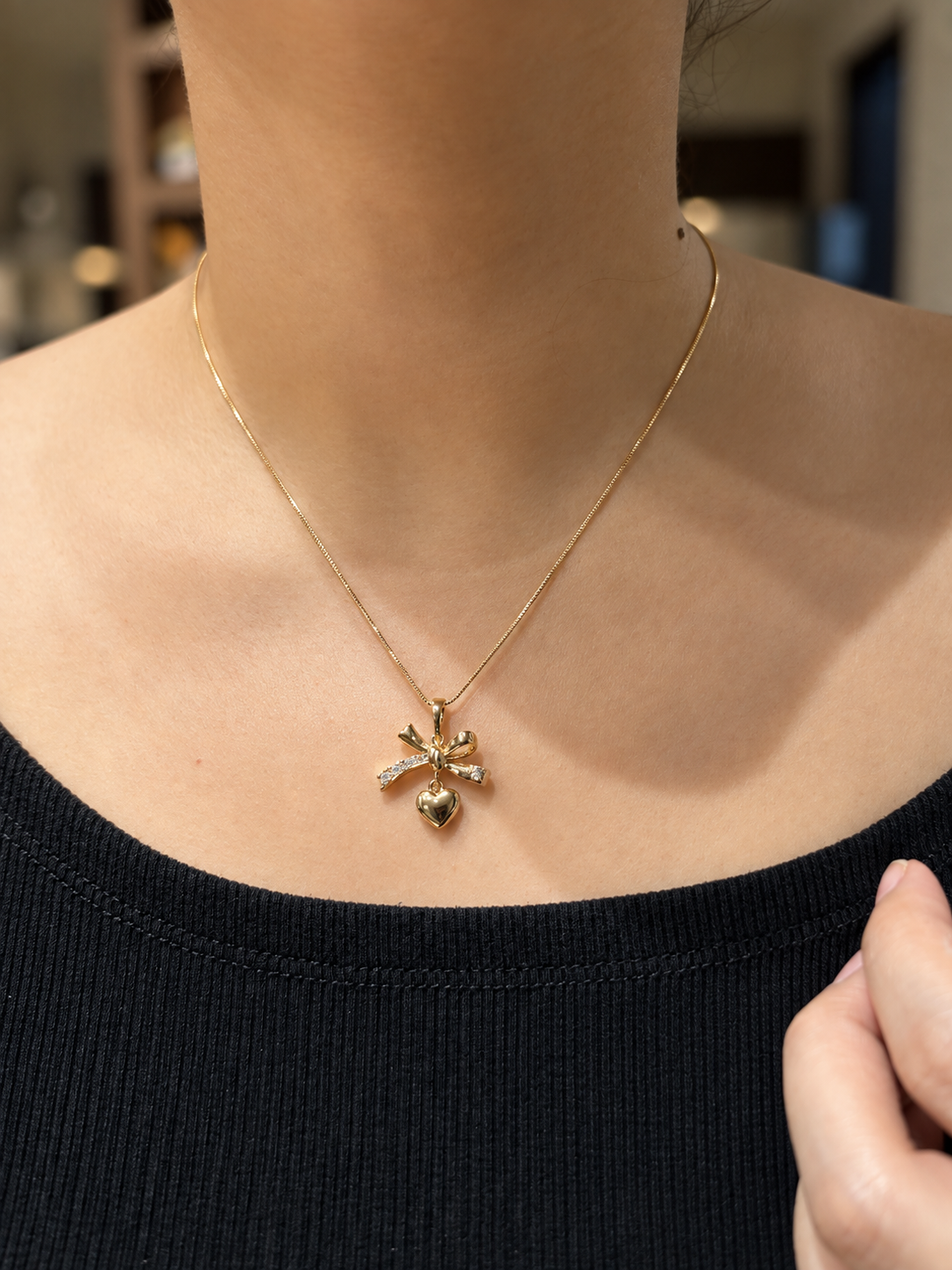 Bow Heart Pendant Necklace & Stud Earrings Set in 14K Gold Tone Finish