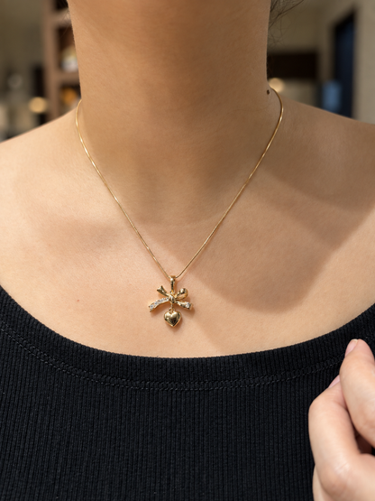 Bow Heart Pendant Necklace & Stud Earrings Set in 14K Gold Tone Finish