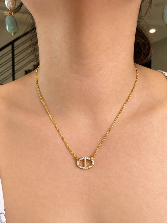 Pavé Zirconia Marine Link Chain Necklace in 18K Gold