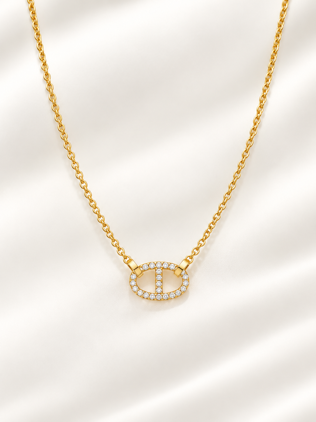 Pavé Zirconia Marine Link Chain Necklace in 18K Gold