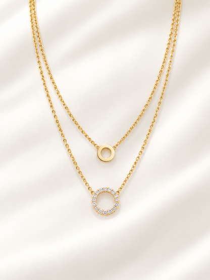 Double Layer Circle & Pavé Zirconia Pendant Necklace in Stainless Steel