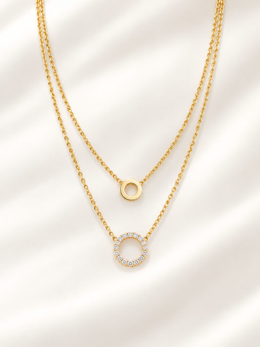 Double Layer Circle & Pavé Zirconia Pendant Necklace in Stainless Steel