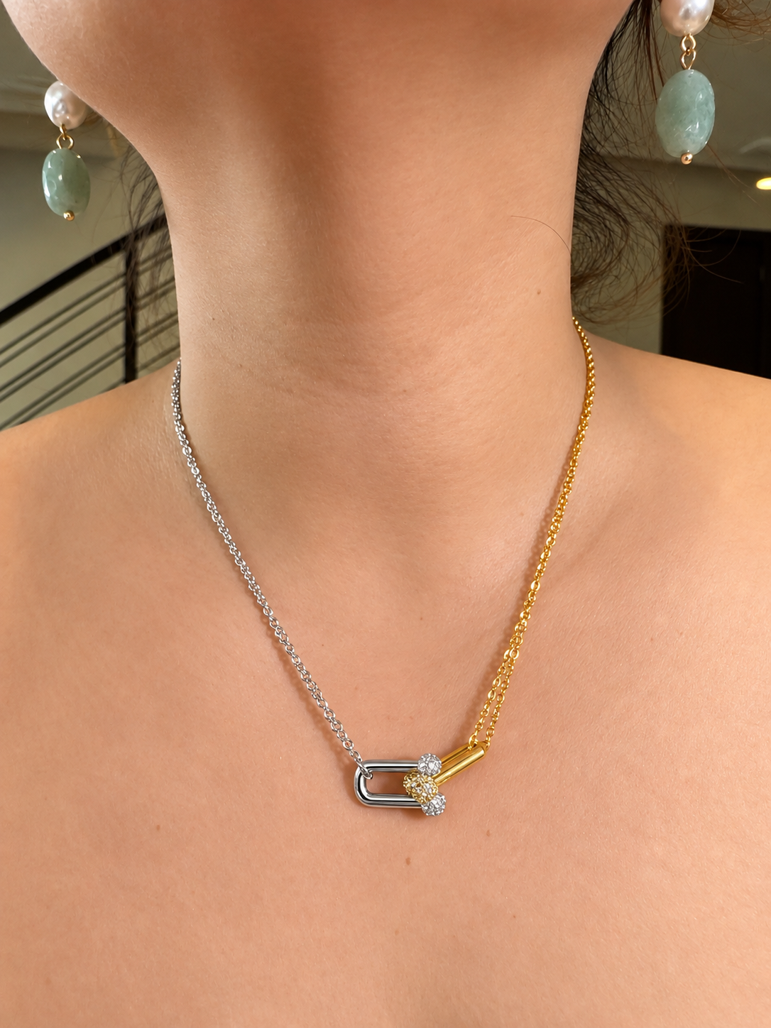 Two-Tone Interlocking Link Pavé Zirconia Chain Necklace in Stainless Steel