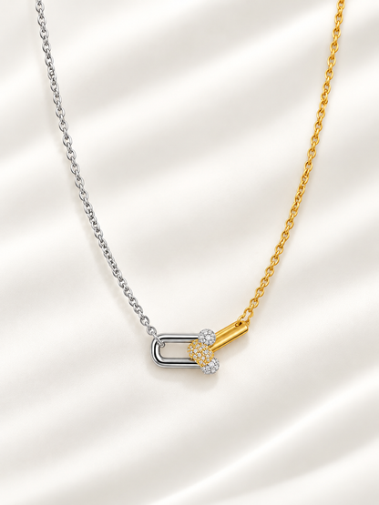 Two-Tone Interlocking Link Pavé Zirconia Chain Necklace in Stainless Steel