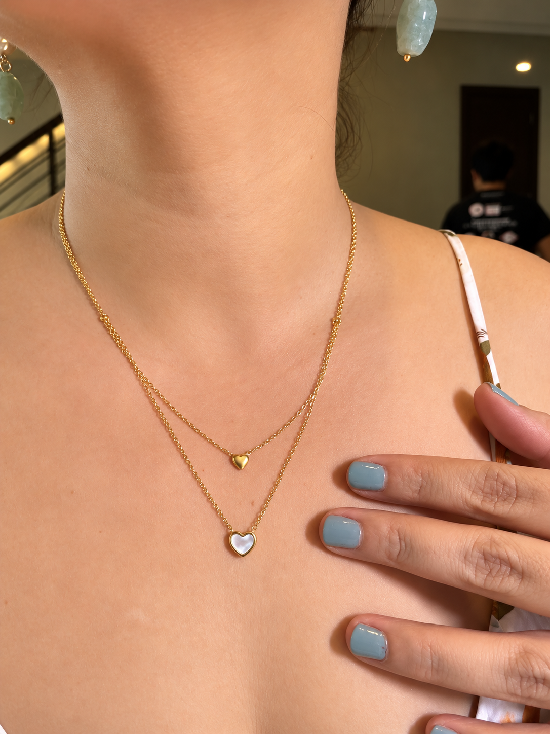 Double Layer Heart & Mother of Pearl Pendant Necklace in Stainless Steel