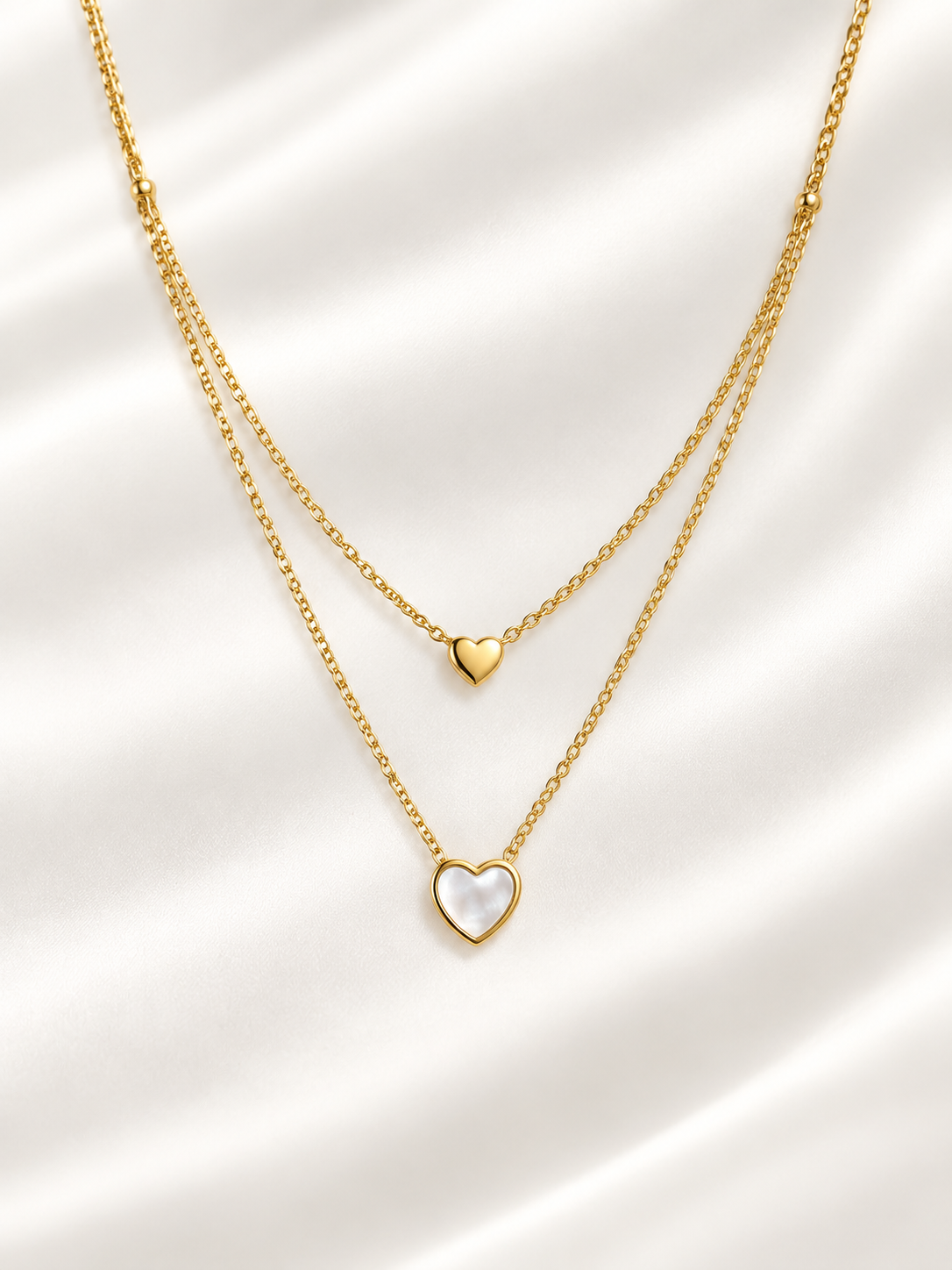 Double Layer Heart & Mother of Pearl Pendant Necklace in Stainless Steel