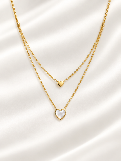 Double Layer Heart & Mother of Pearl Pendant Necklace in Stainless Steel