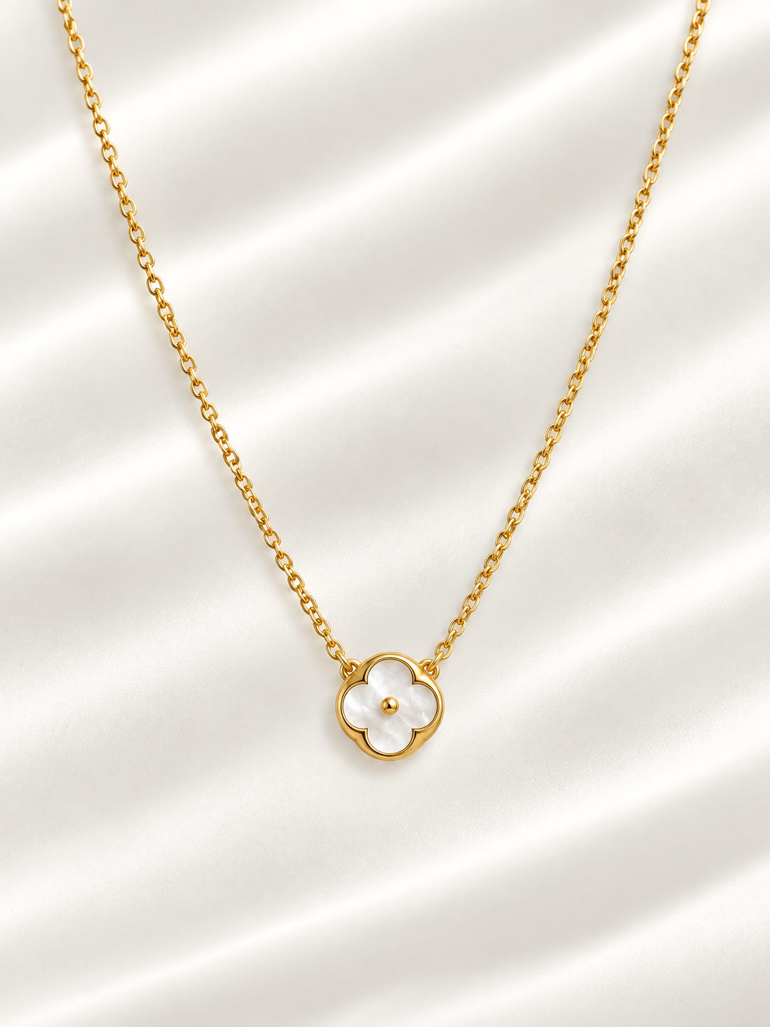Petite Mother of Pearl Clover Floral Pendant Chain Necklace in Stainless Steel