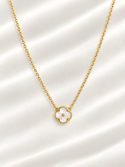 Petite Mother of Pearl Clover Floral Pendant Chain Necklace in Stainless Steel