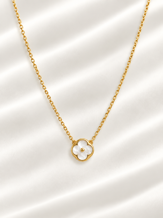 Petite Mother of Pearl Clover Floral Pendant Chain Necklace in Stainless Steel