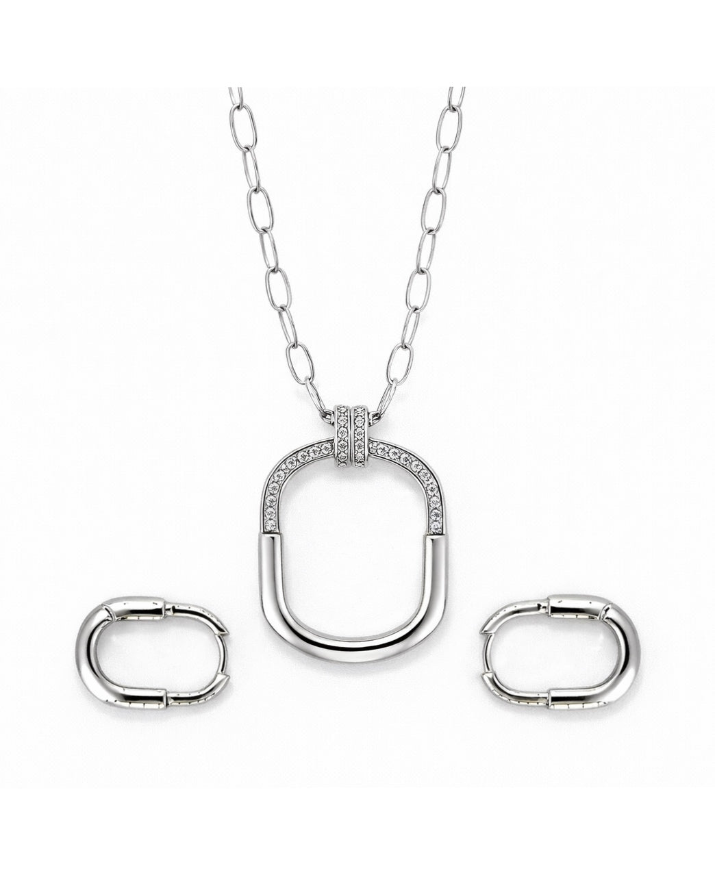 Oval link zirconia pendant necklace and matching earrings set minimal studio layout