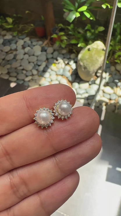 Crown Pavé Zirconia Halo Pearl Stud Earrings in 14K Gold Tone