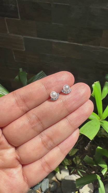 Dainty Lotus Crescent Pearl Stud Earrings in 14K White-Gold Tone