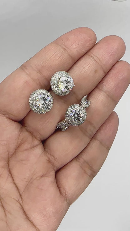 Heritage Pavé Halo Ring & Stud Earrings Set – White Gold Tone