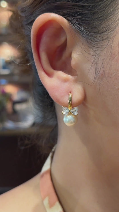 Pearl Bow Huggie Earrings – 18K Gold Dipped | Premium Zirconia