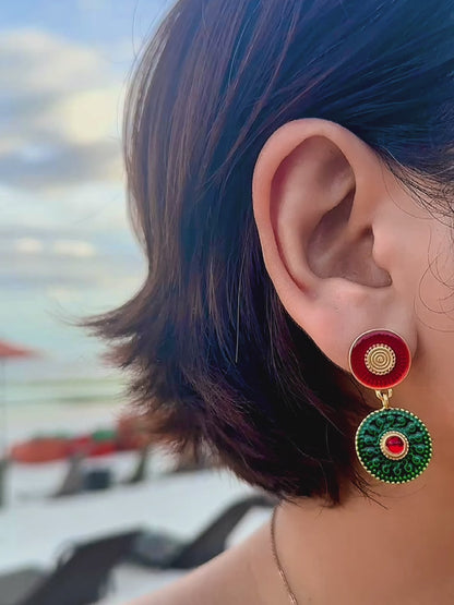 Luxurious Green & Red Vintage Statement Earrings with Gold-Tone Finish