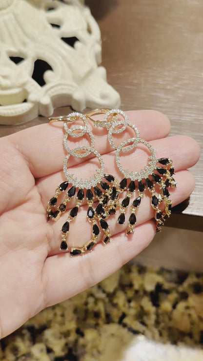 Spanish Chandelier Earrings in Black & Gold Tone