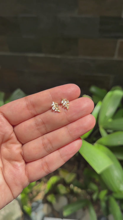 Dainty Leaf Branch Zirconia Stud Earrings in 14K Gold Tone