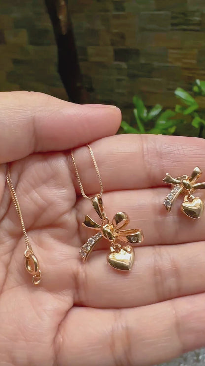 Bow Heart Pendant Necklace & Stud Earrings Set in 14K Gold Tone Finish