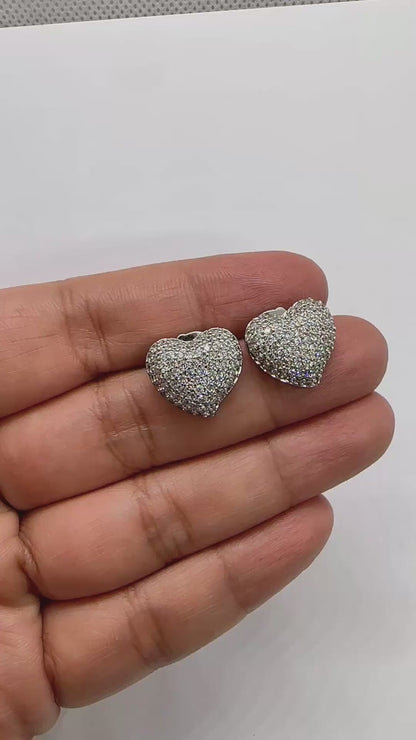 Diamond-Look Heart Stud Earrings – Pavé Zirconia, Hypoallergenic, White Gold Tone