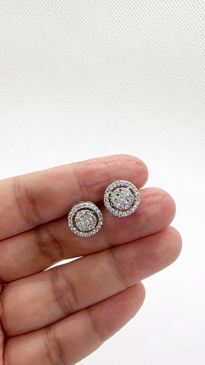 Double Halo Baguette Cluster Stud Earrings – 14K Whitegold Tone