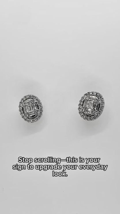 Oval Halo Illusion Zirconia Stud Earrings | White Gold Finish