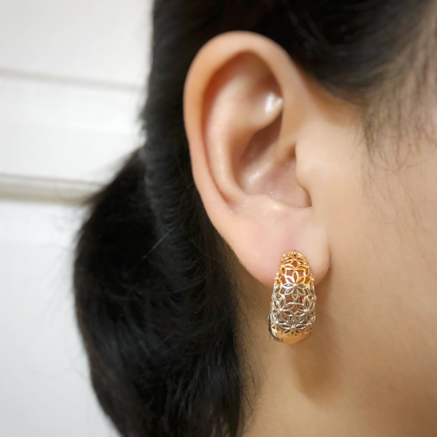 Floral Cut-Out Hoop Earrings in Two-Tone