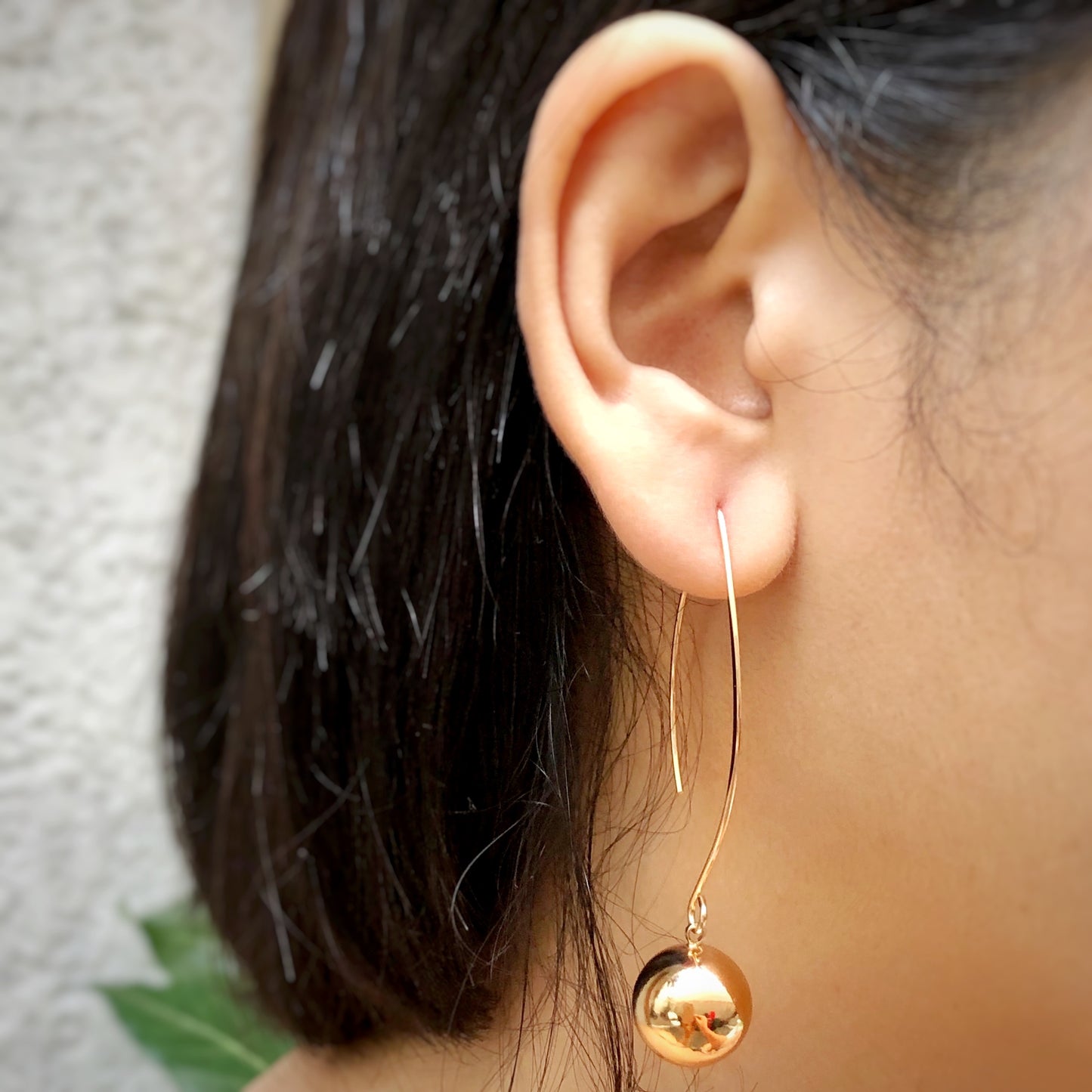 Solid Sphere Cat Ear Needle Drop Earrings in Gold Tone