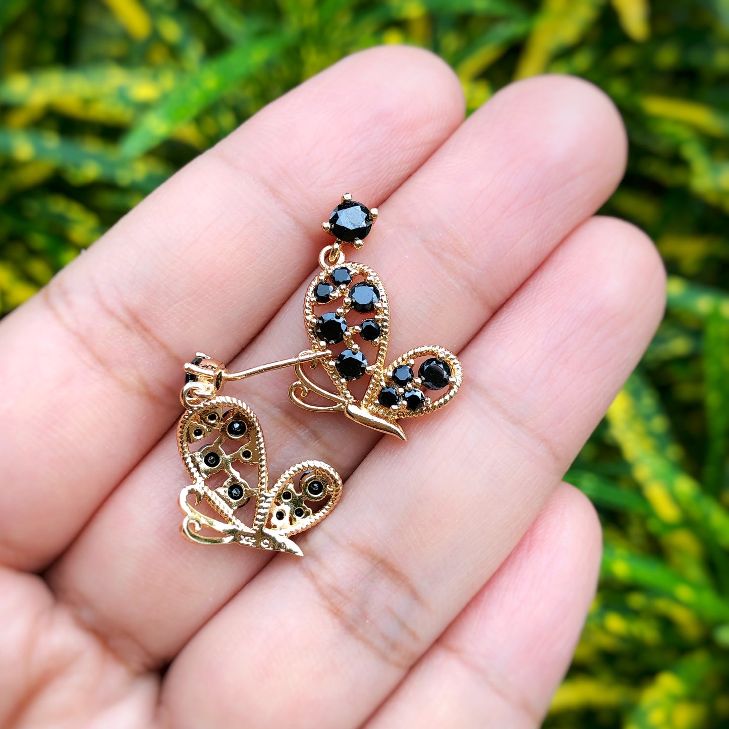 Butterfly Drop Earrings in Black & Gold