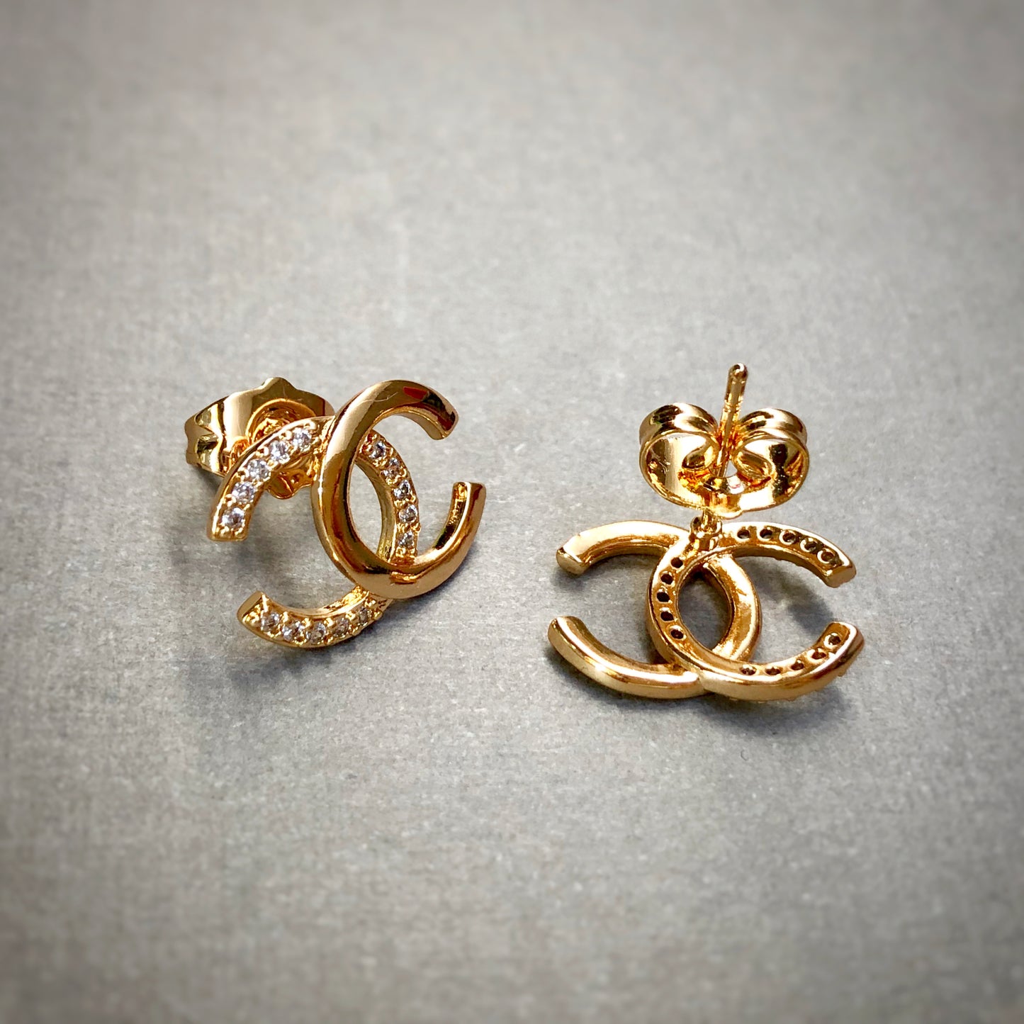 Sleek Half Studded Iconic C Earrings in Gold Tone