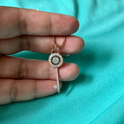 Rosegold Key Pendant Necklace with Micro Black Stones