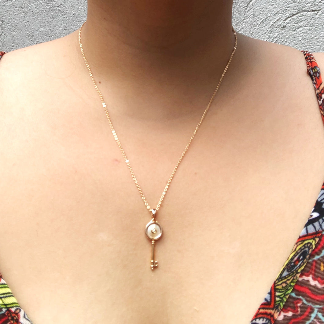 Mother of Pearl Key Necklace in Gold Tone
