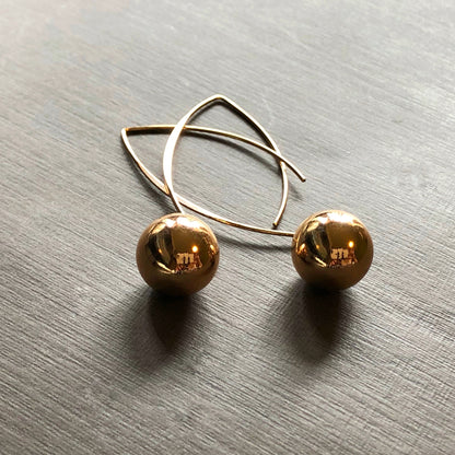 Solid Sphere Cat Ear Needle Drop Earrings in Gold Tone