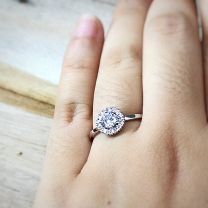 Classic Halo Round Cut Ring in Whitegold Tone