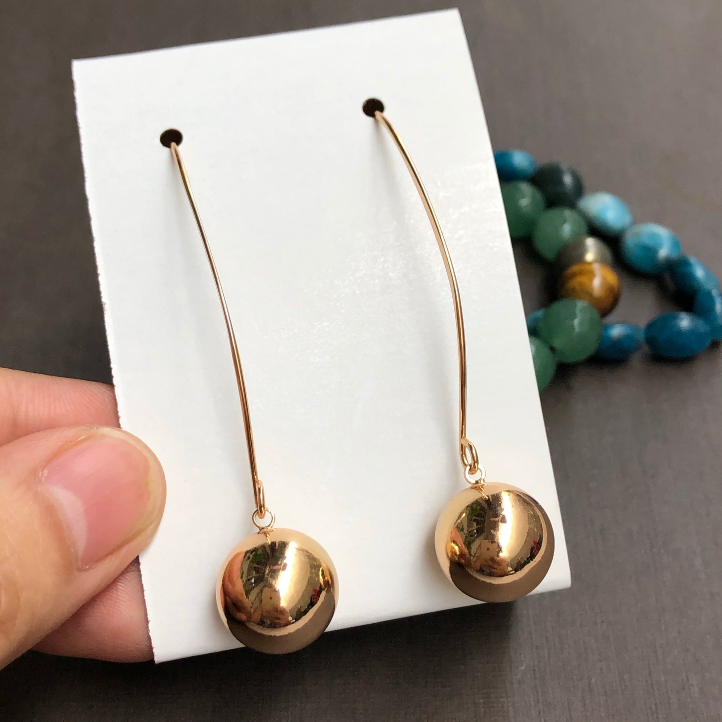 Solid Sphere Cat Ear Needle Drop Earrings in Gold Tone